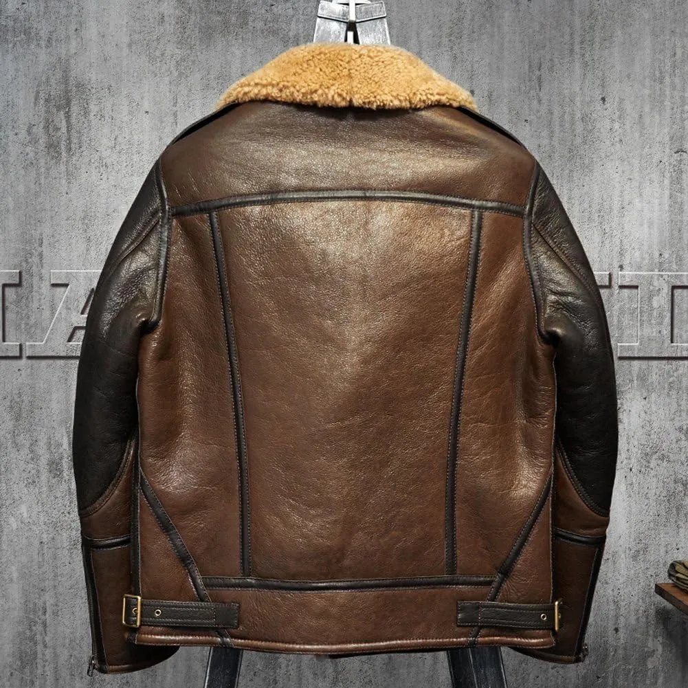 Men's Shearling Leather Jacket Light Brown B3 Jacket Men's Fur Coat Aviation Original Flying Jacket