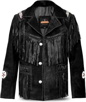Men's Traditional Cowboy Western Leather Jacket | Native American Suede Coat with Beaded & Fringed