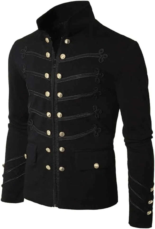 Mens Vintage Steampunk Jacket Embroidered Victorian Tailcoat Medieval Gothic Jacket Stand Up Collar Button Fly Coats