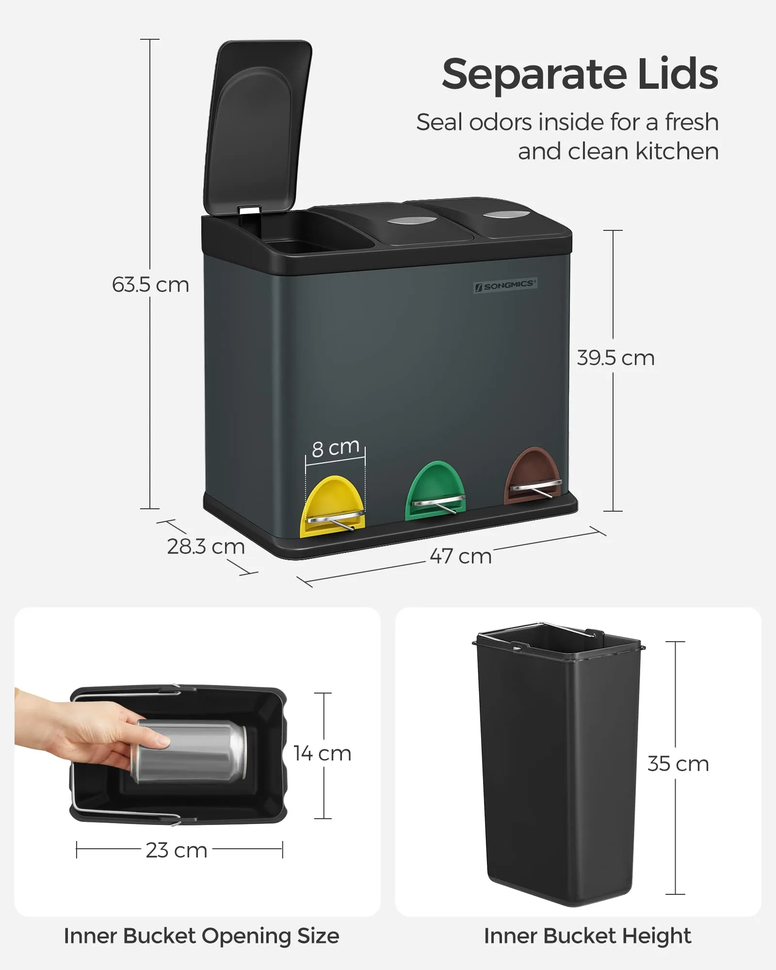 Metal Rubbish Bin 24L Grey (3 x 8L)