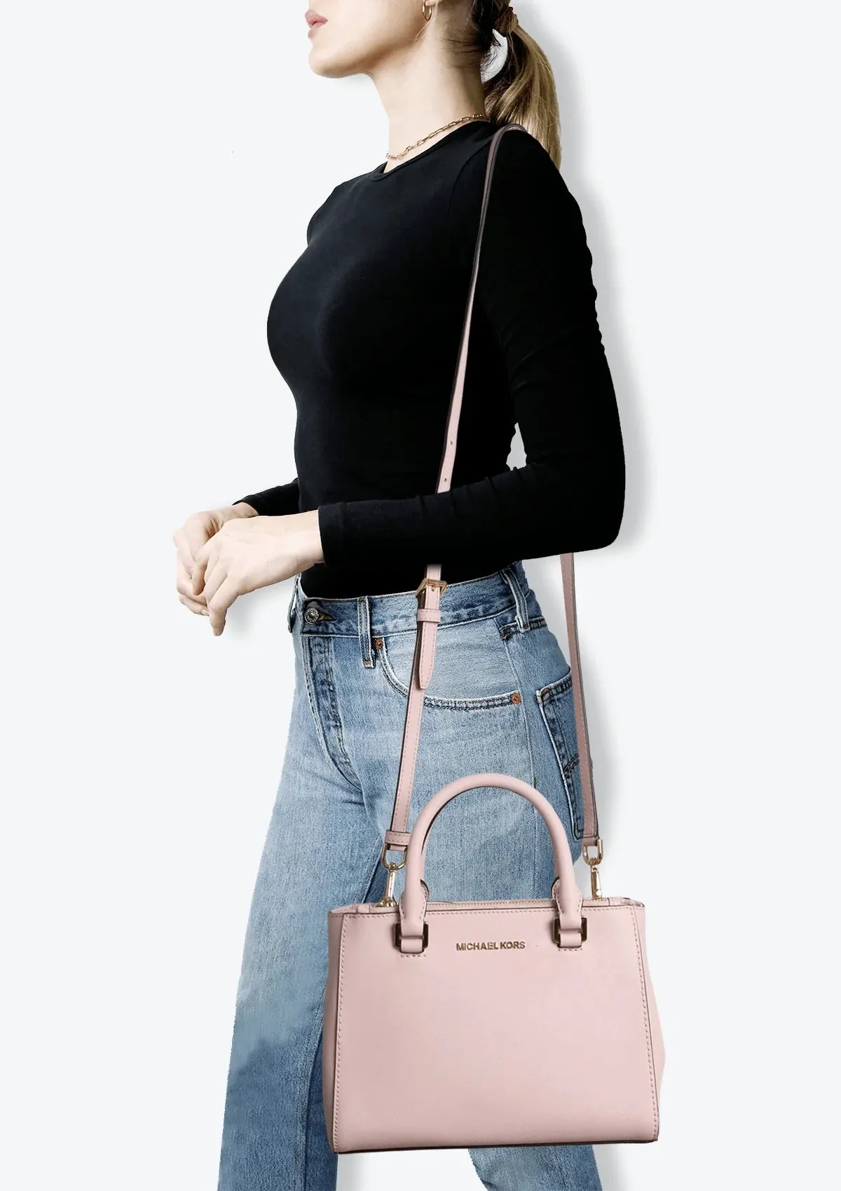 MICHAEL KORS GIBSON LEATHER SATCHEL CROSSBODY IN SOFT PINK