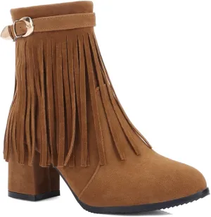 MIOKE Women's Fringed Tassel Dress Ankle Boots Round Toe Buckle Zipper Chunky Block High Heel Short Booties