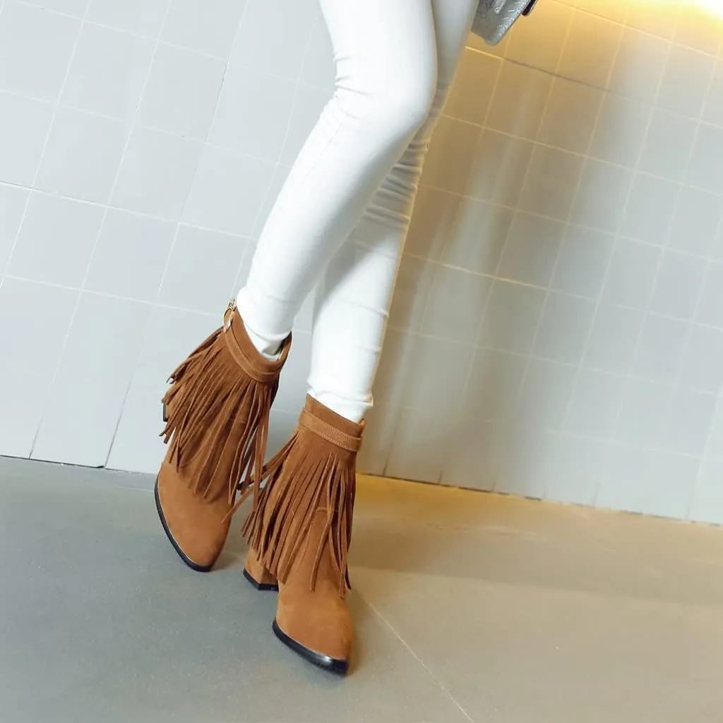 MIOKE Women's Fringed Tassel Dress Ankle Boots Round Toe Buckle Zipper Chunky Block High Heel Short Booties