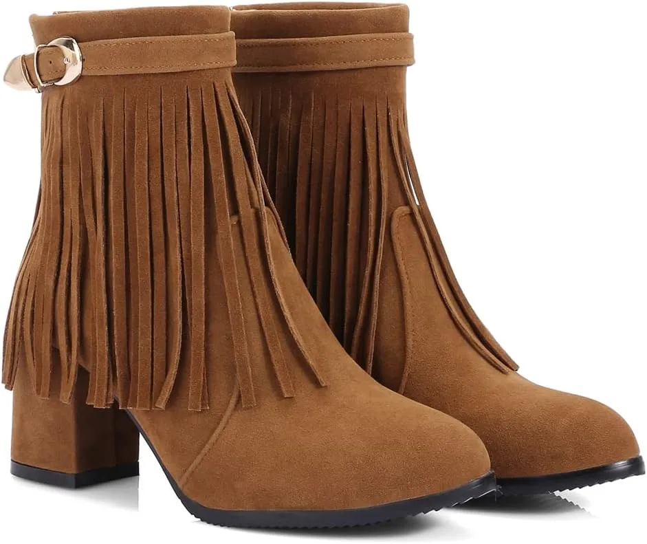 MIOKE Women's Fringed Tassel Dress Ankle Boots Round Toe Buckle Zipper Chunky Block High Heel Short Booties