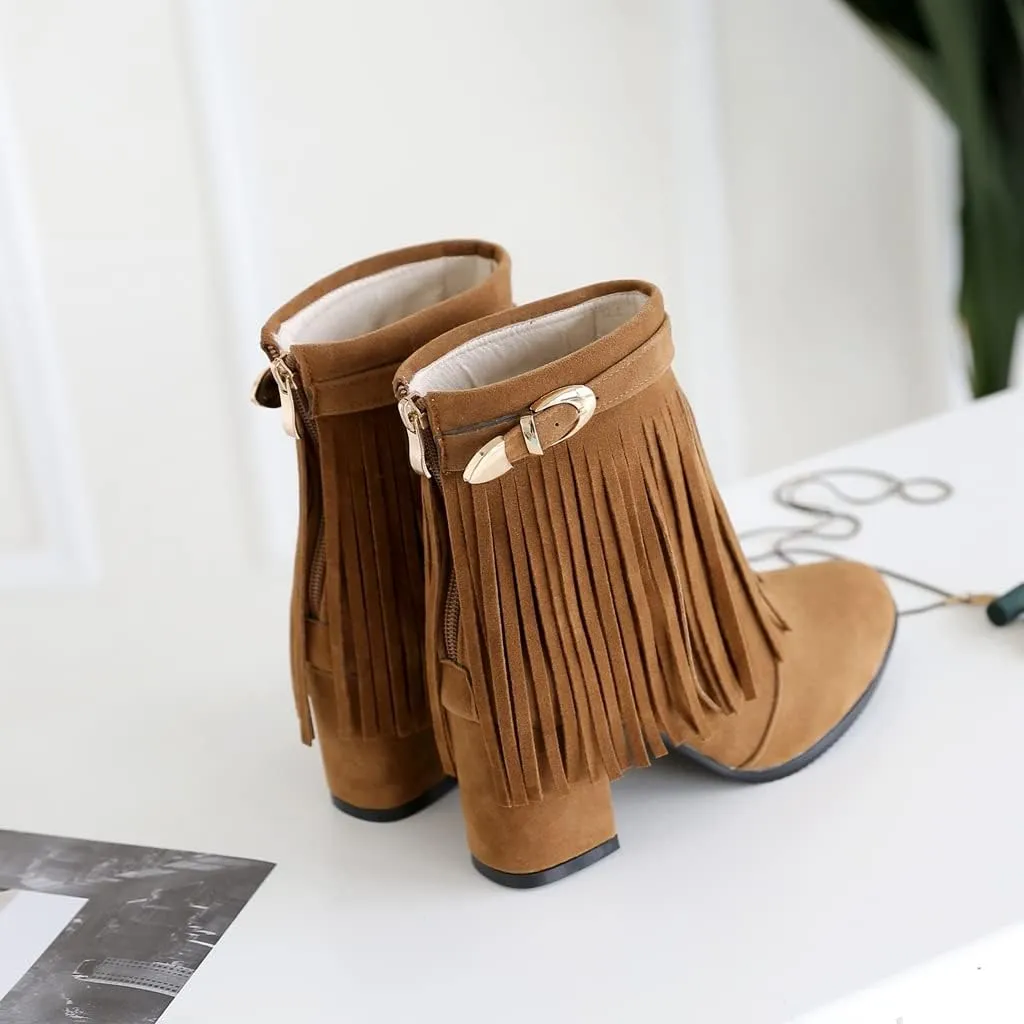 MIOKE Women's Fringed Tassel Dress Ankle Boots Round Toe Buckle Zipper Chunky Block High Heel Short Booties