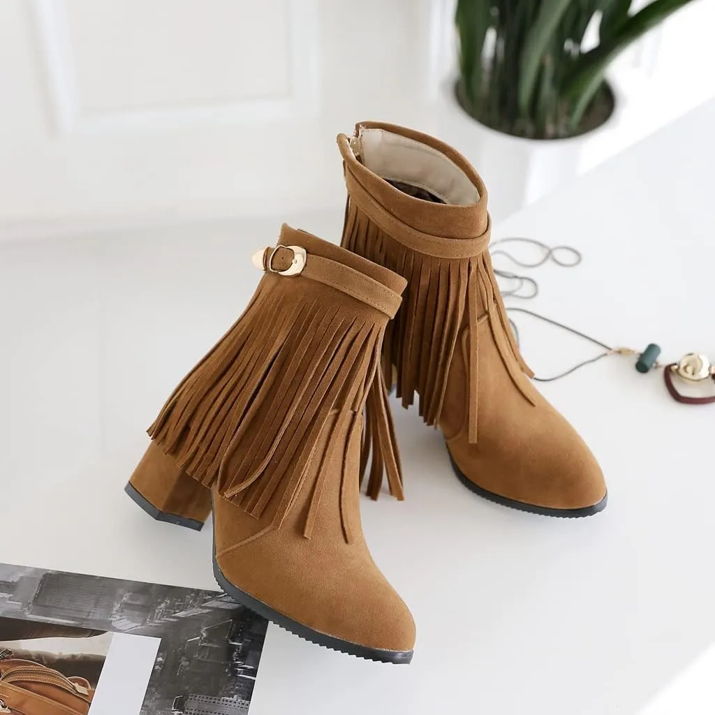 MIOKE Women's Fringed Tassel Dress Ankle Boots Round Toe Buckle Zipper Chunky Block High Heel Short Booties