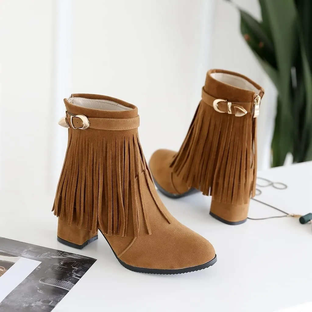 MIOKE Women's Fringed Tassel Dress Ankle Boots Round Toe Buckle Zipper Chunky Block High Heel Short Booties