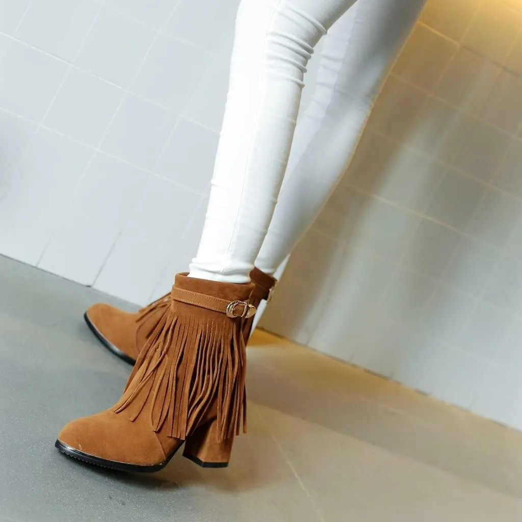 MIOKE Women's Fringed Tassel Dress Ankle Boots Round Toe Buckle Zipper Chunky Block High Heel Short Booties