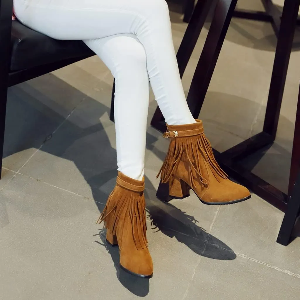 MIOKE Women's Fringed Tassel Dress Ankle Boots Round Toe Buckle Zipper Chunky Block High Heel Short Booties