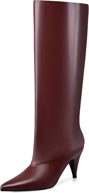 MIRAAZZURRA Womens Knee High Boots Pointed Toe Slouchy Boots for Women Wide Calf Cone Heel Pull on Boots
