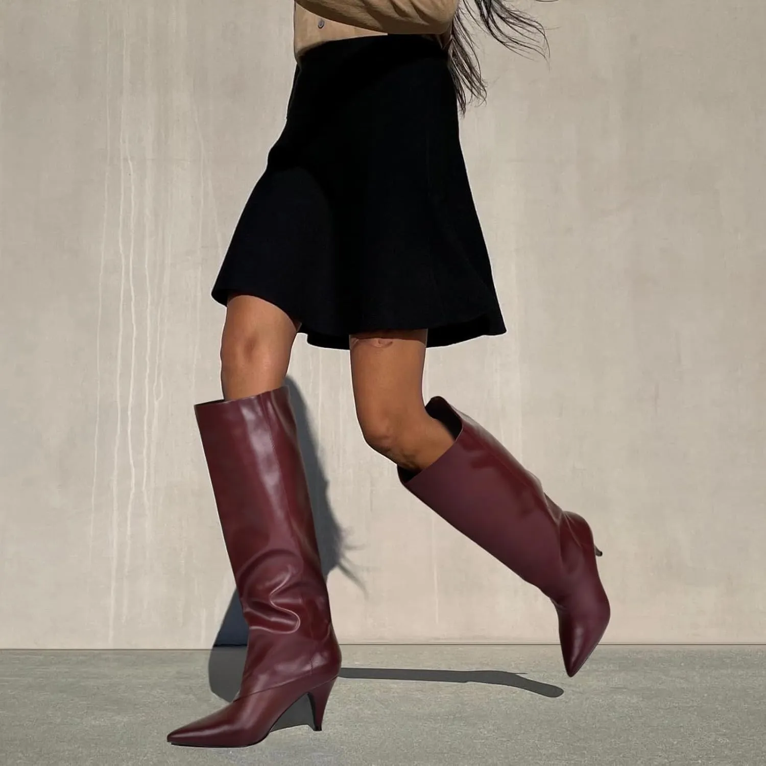 MIRAAZZURRA Womens Knee High Boots Pointed Toe Slouchy Boots for Women Wide Calf Cone Heel Pull on Boots