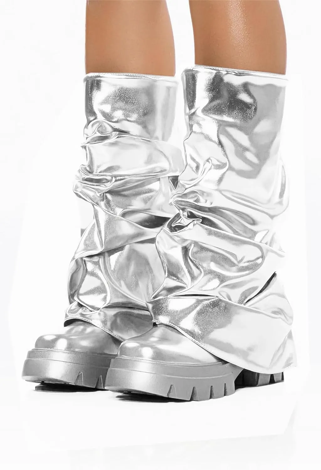 MissHeel Slouchy Metallic Platform Booties Fold Over