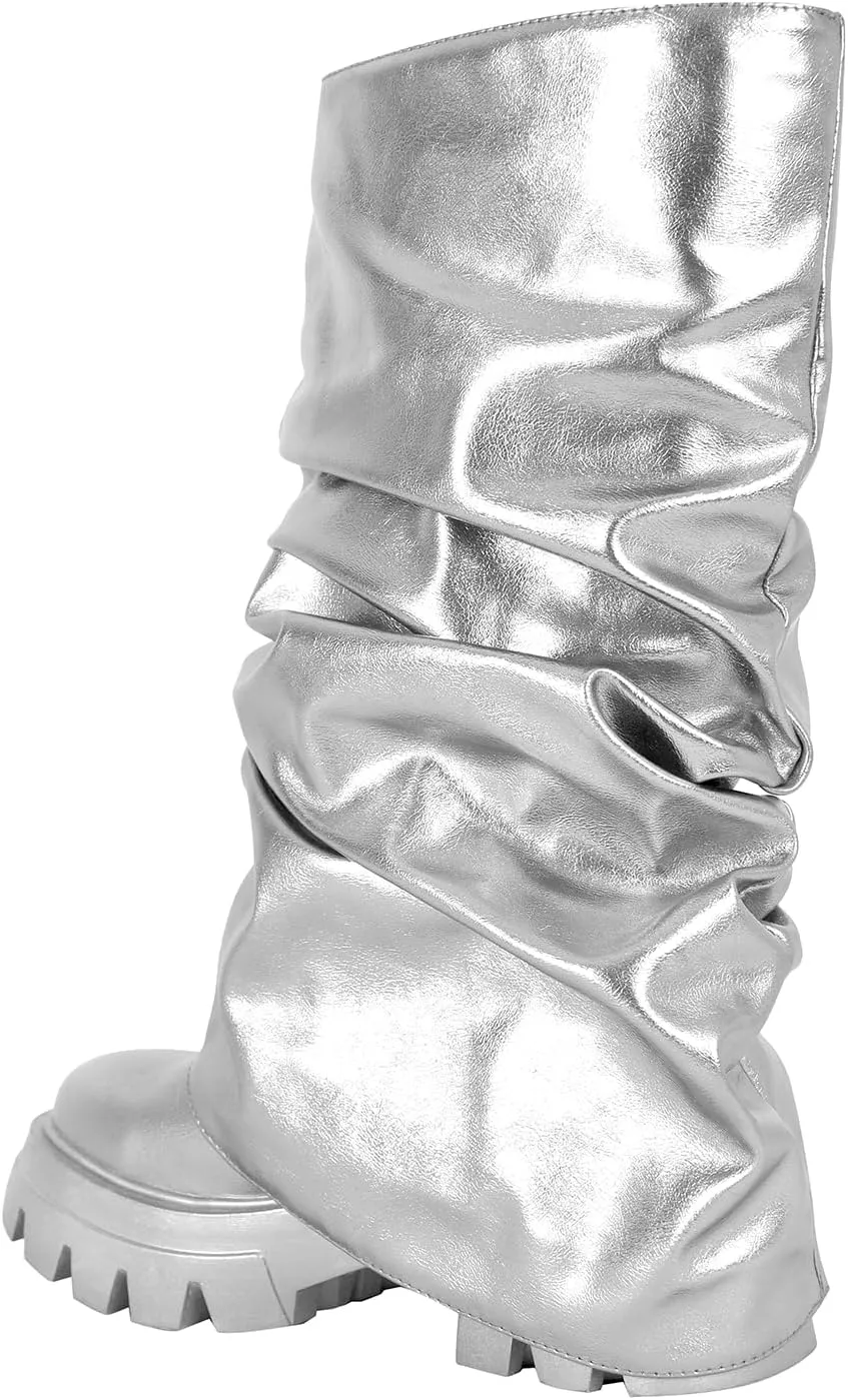 MissHeel Slouchy Metallic Platform Booties Fold Over