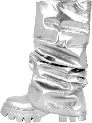 MissHeel Slouchy Metallic Platform Booties Fold Over