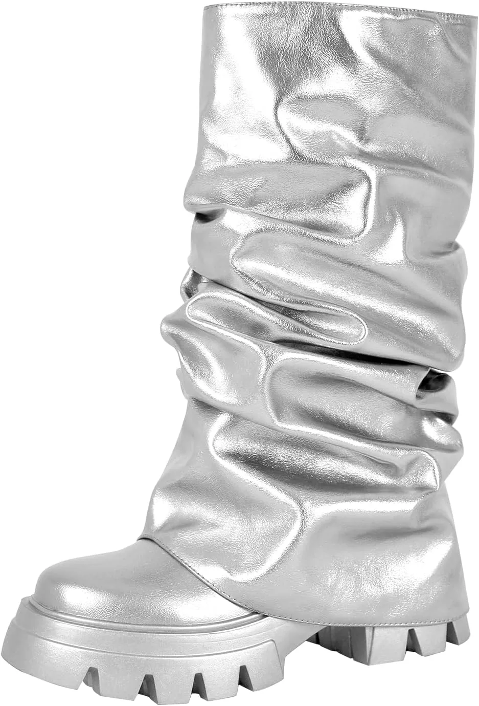 MissHeel Slouchy Metallic Platform Booties Fold Over