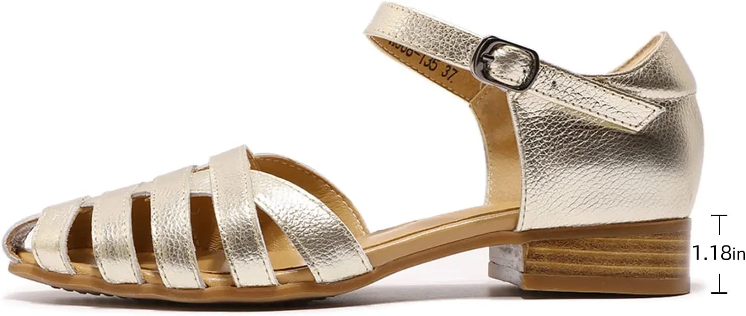 Mona flying Women Leather Tatianna Dress Sandals Closed Toe Low Heels Strappy Flats Summer Casual Shoes