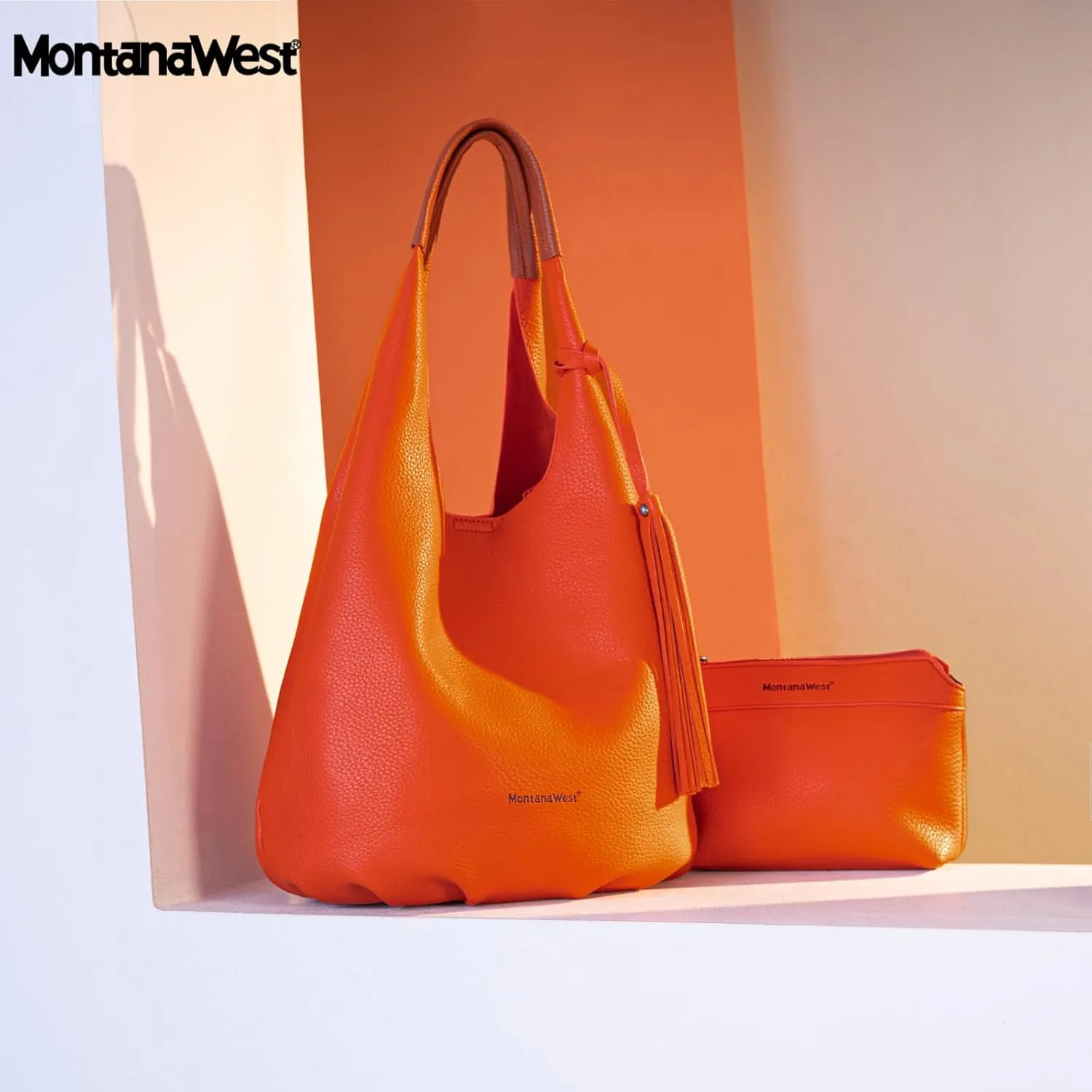 Montana West Hobo Bags for Women Slouchy Handbags 2PCS Tassels Shoulder Bag with Comestic Bag