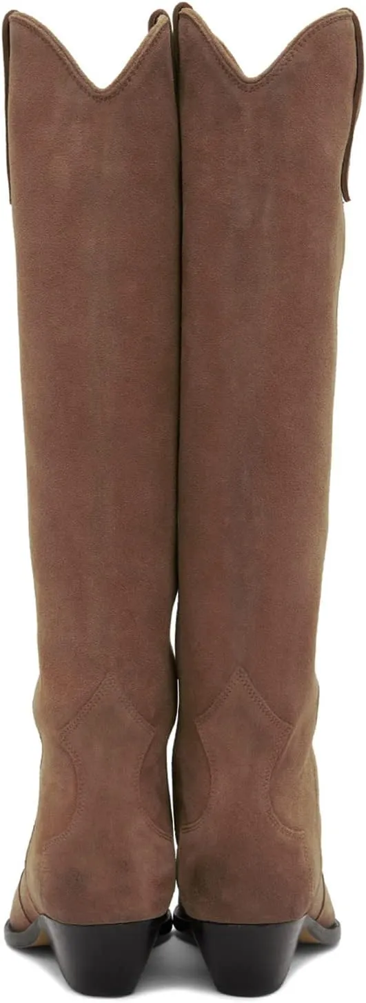 MOOMMO Women Suede Cowboy Knee High Boots Slouch Low Thick Heel Pointed Toe Long Western Boots Wide Calf Pull On Tall Riding Boots Cowgirl Pleated Chunky Heel Dress Boots Casual 4-11 M US