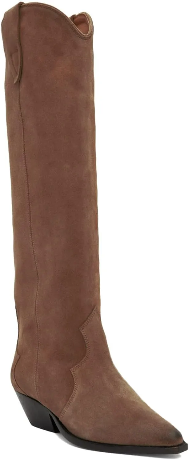 MOOMMO Women Suede Cowboy Knee High Boots Slouch Low Thick Heel Pointed Toe Long Western Boots Wide Calf Pull On Tall Riding Boots Cowgirl Pleated Chunky Heel Dress Boots Casual 4-11 M US