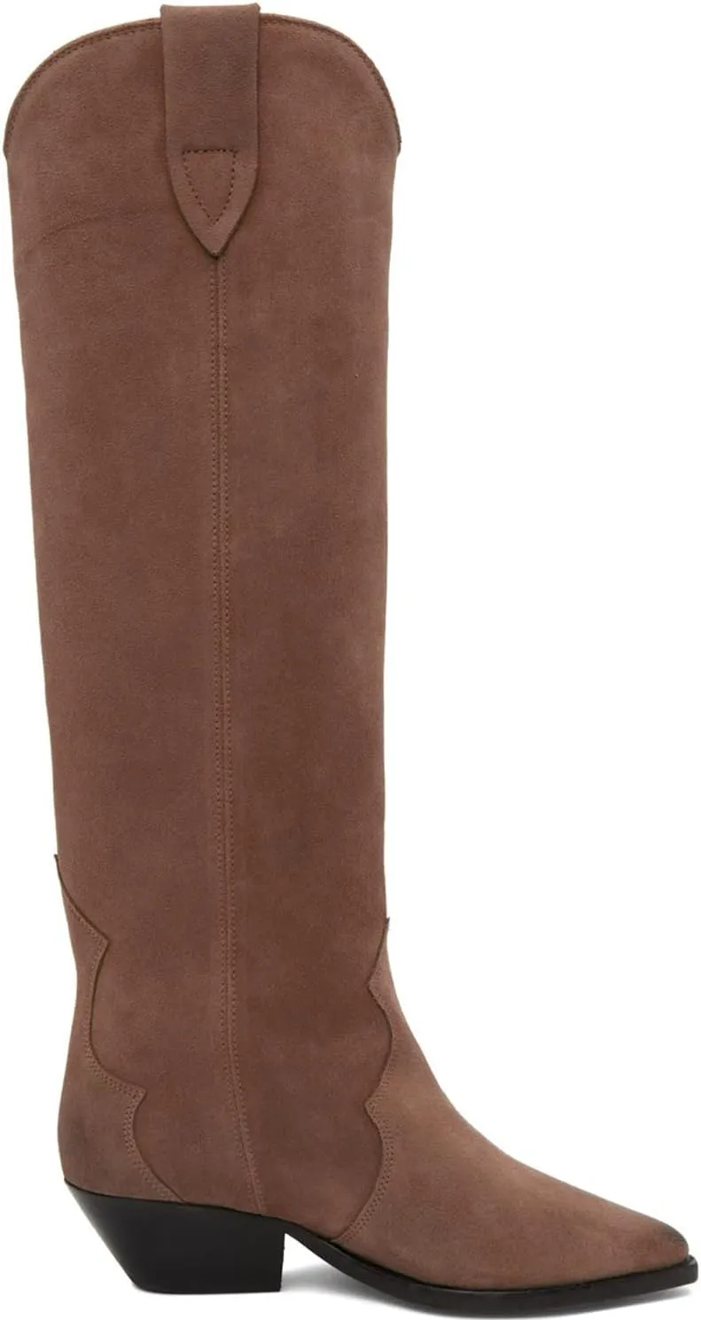 MOOMMO Women Suede Cowboy Knee High Boots Slouch Low Thick Heel Pointed Toe Long Western Boots Wide Calf Pull On Tall Riding Boots Cowgirl Pleated Chunky Heel Dress Boots Casual 4-11 M US