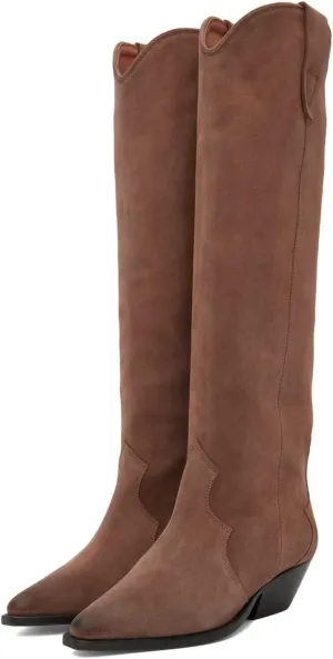 MOOMMO Women Suede Cowboy Knee High Boots Slouch Low Thick Heel Pointed Toe Long Western Boots Wide Calf Pull On Tall Riding Boots Cowgirl Pleated Chunky Heel Dress Boots Casual 4-11 M US