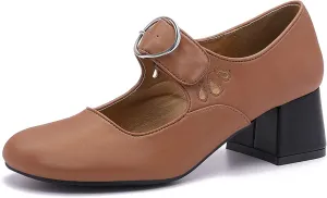 Mostrin Mary Jane Shoes Women Leather Chunky Mid Heel Casual Vintage Dance Dress Shoes