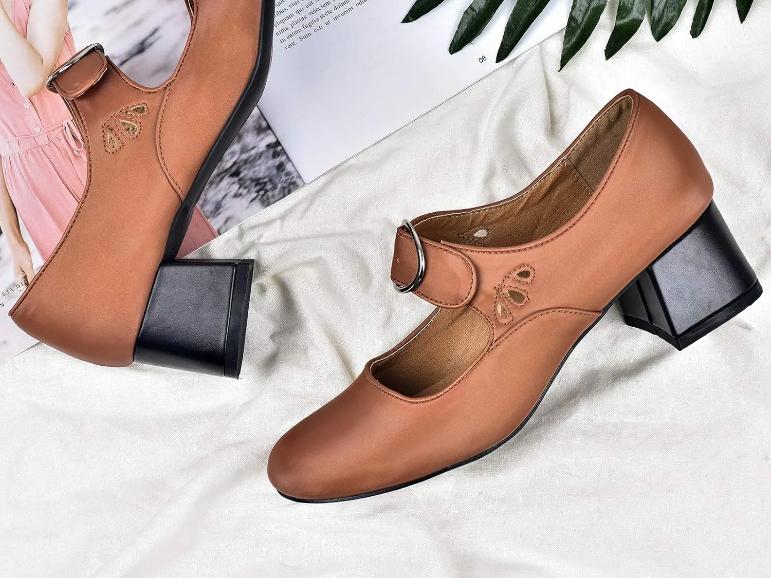 Mostrin Mary Jane Shoes Women Leather Chunky Mid Heel Casual Vintage Dance Dress Shoes