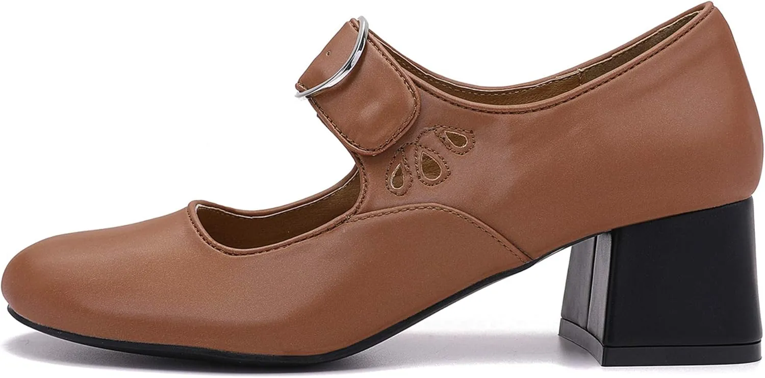 Mostrin Mary Jane Shoes Women Leather Chunky Mid Heel Casual Vintage Dance Dress Shoes