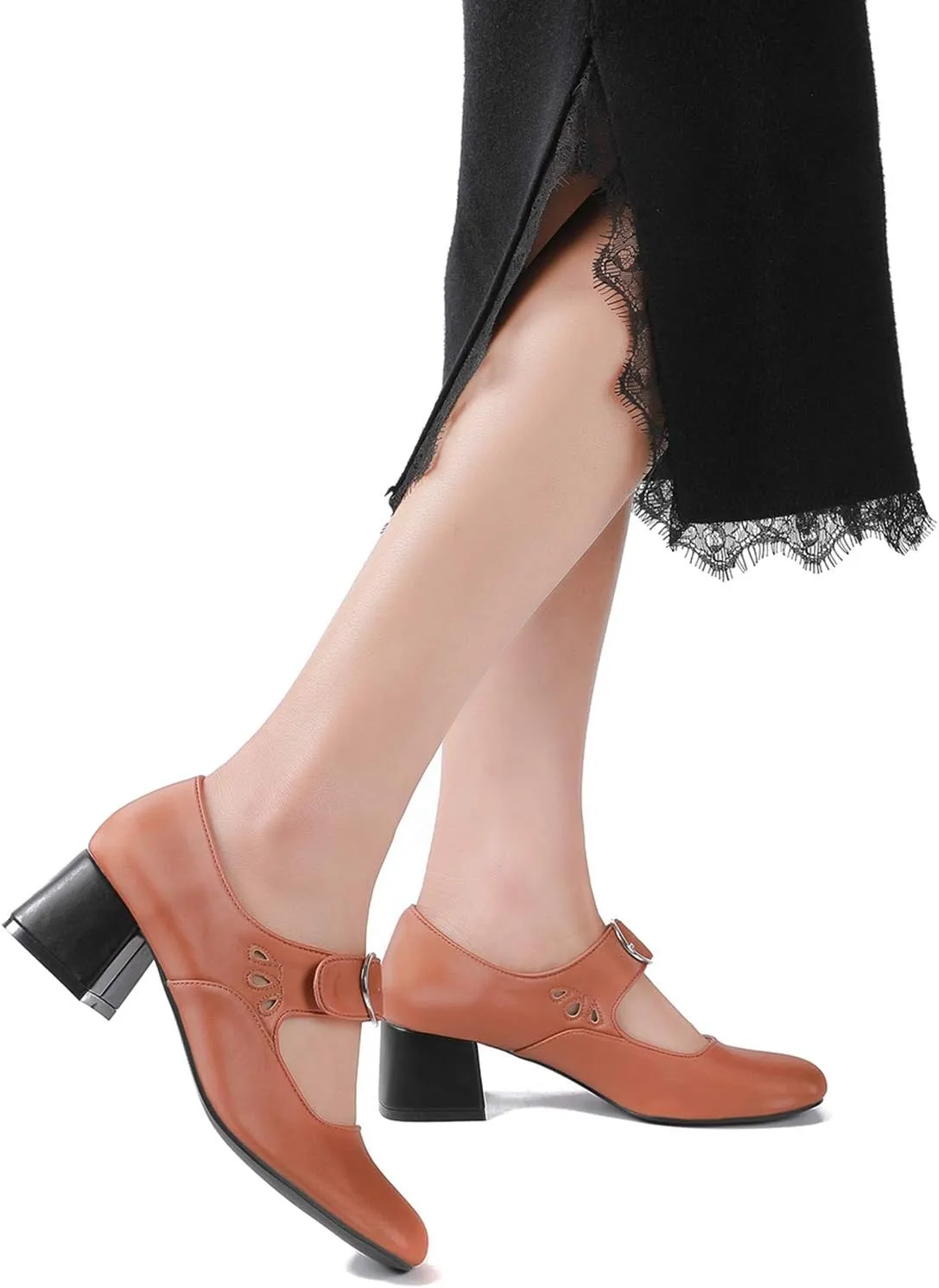 Mostrin Mary Jane Shoes Women Leather Chunky Mid Heel Casual Vintage Dance Dress Shoes