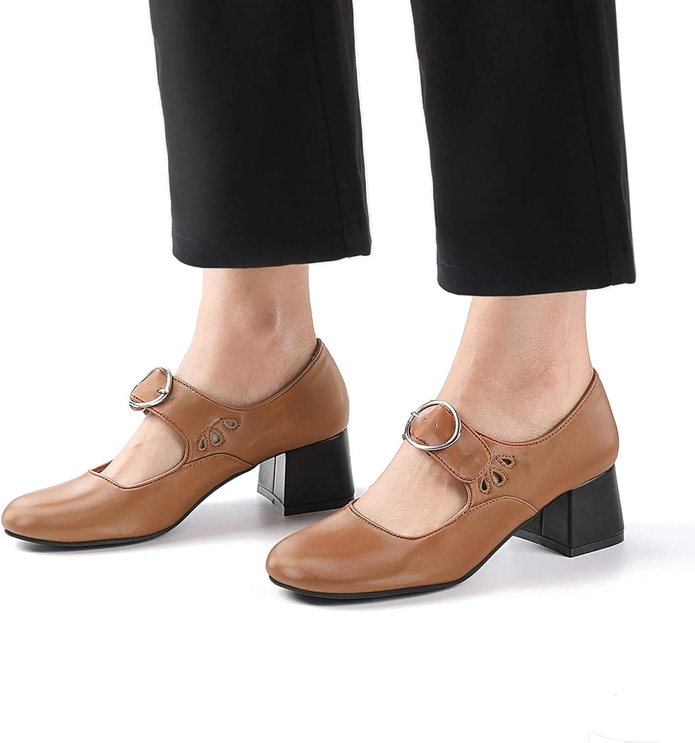 Mostrin Mary Jane Shoes Women Leather Chunky Mid Heel Casual Vintage Dance Dress Shoes