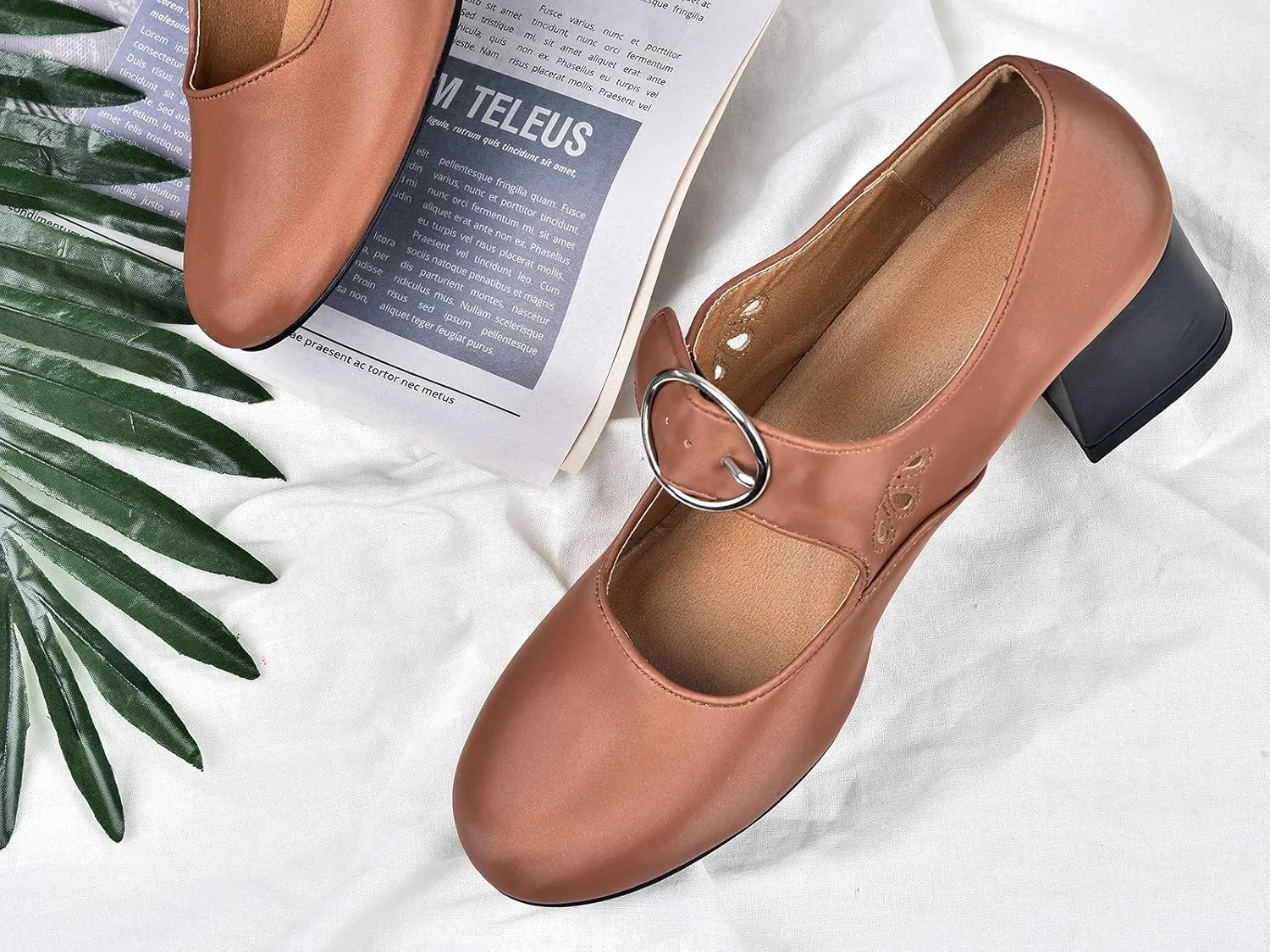 Mostrin Mary Jane Shoes Women Leather Chunky Mid Heel Casual Vintage Dance Dress Shoes