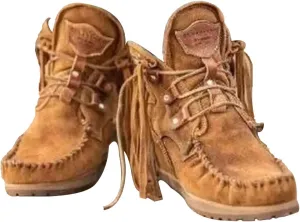 MOYOWEI Women's Vintage Cowboy Fringed Ankle Boots,Lightweight Comfy Suede High Top Round Toe Hippie Moccasin Short Booties