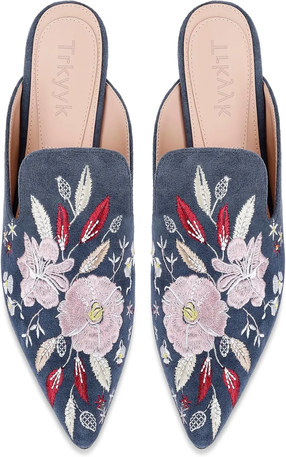 Mules for Women Pointed Toe Embroidered Shoes Comfortable Flats Backless Loafers