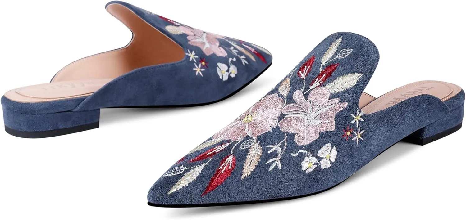 Mules for Women Pointed Toe Embroidered Shoes Comfortable Flats Backless Loafers
