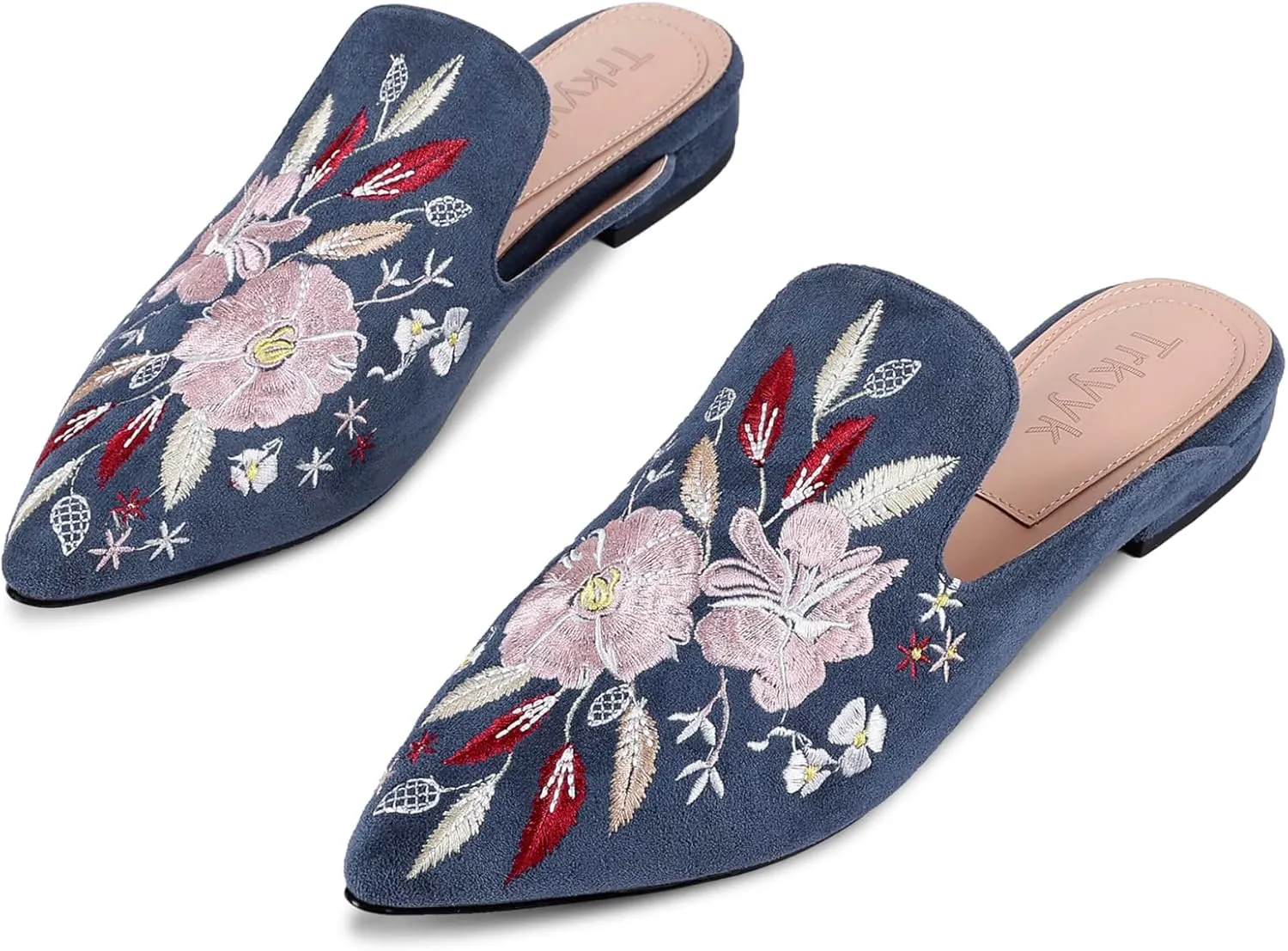 Mules for Women Pointed Toe Embroidered Shoes Comfortable Flats Backless Loafers