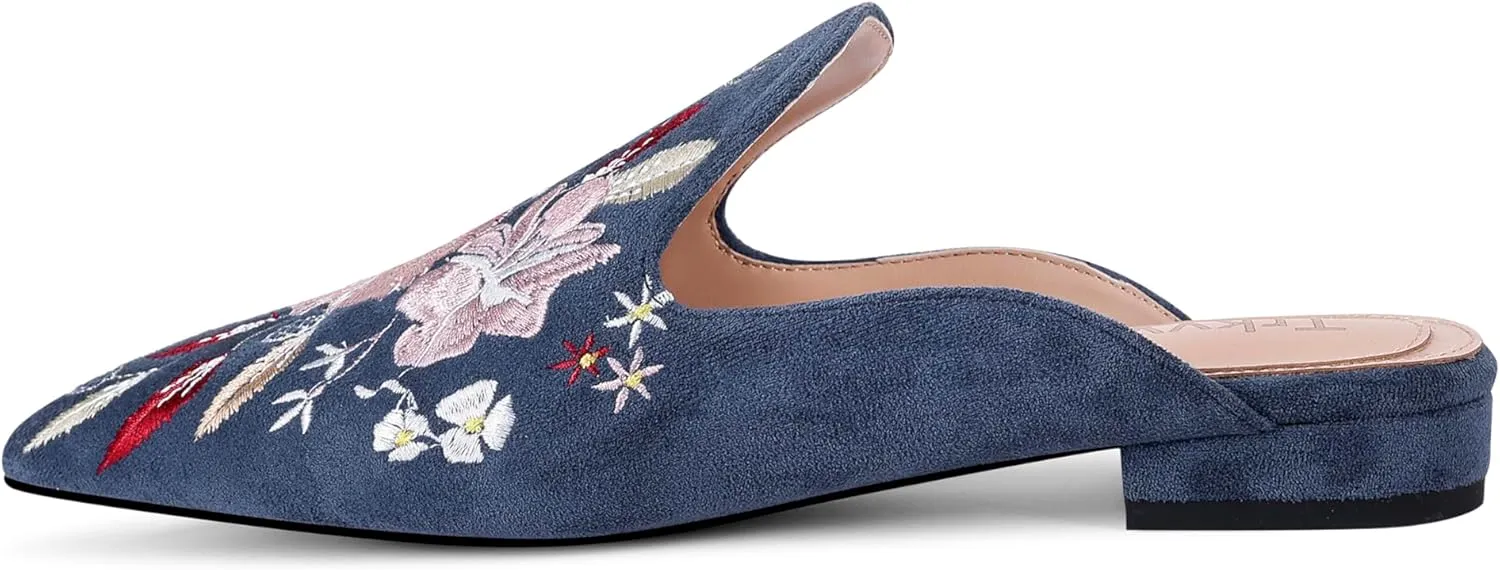 Mules for Women Pointed Toe Embroidered Shoes Comfortable Flats Backless Loafers
