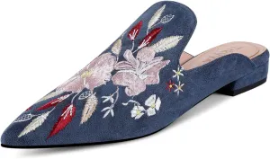 Mules for Women Pointed Toe Embroidered Shoes Comfortable Flats Backless Loafers