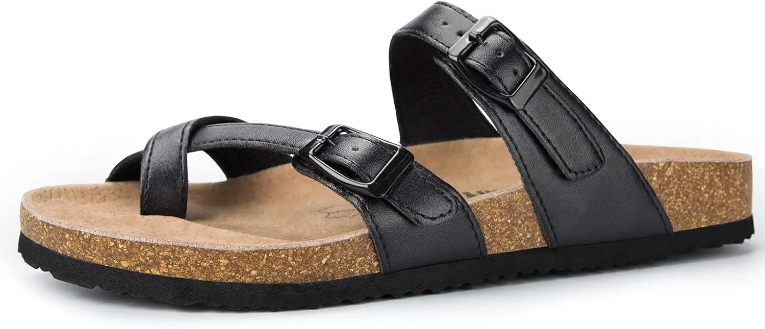 mysoft Women's Cork Footbed Sandals Double Adjustable Buckle Slide Sandals Slip On Walking Summer Shoes