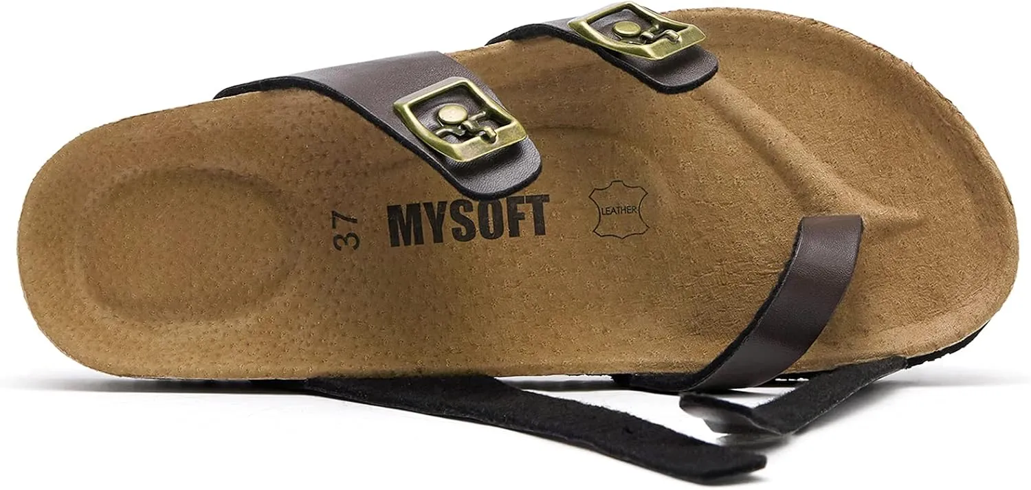 mysoft Women's Cork Footbed Sandals Double Adjustable Buckle Slide Sandals Slip On Walking Summer Shoes