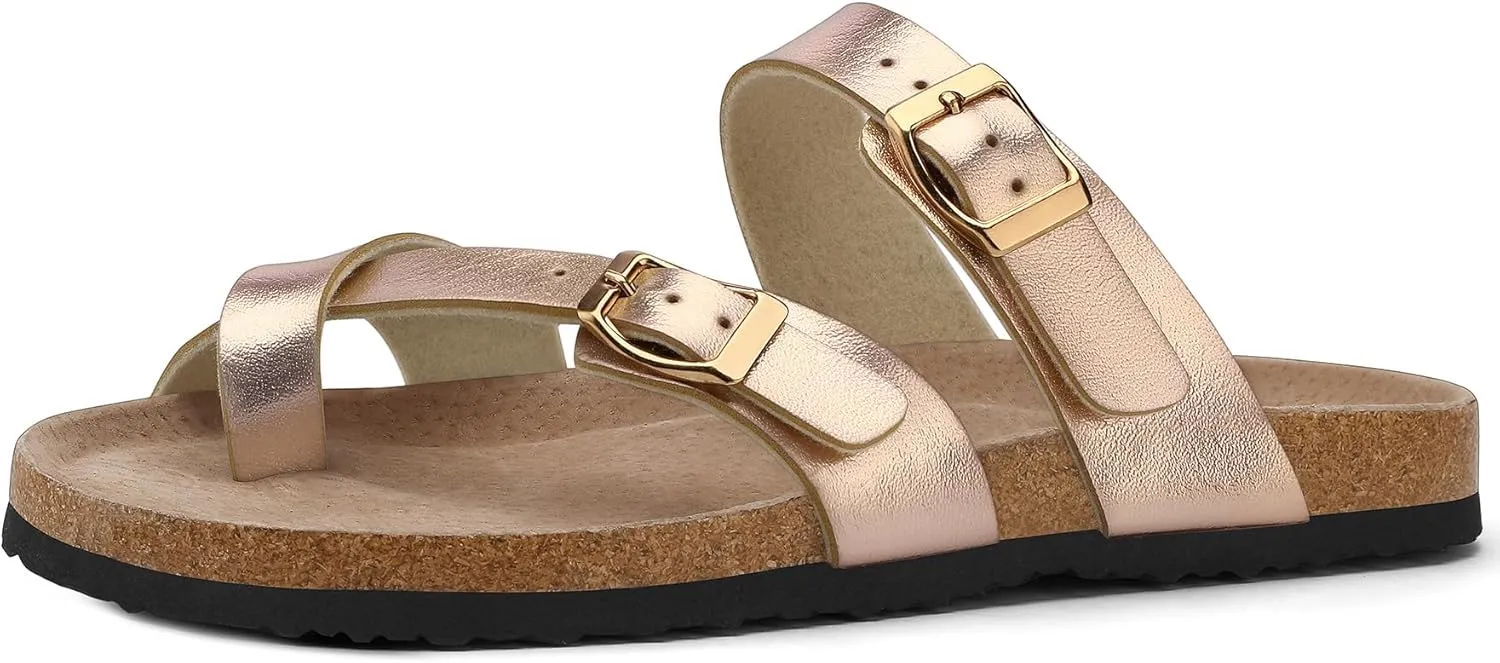 mysoft Women's Cork Footbed Sandals Double Adjustable Buckle Slide Sandals Slip On Walking Summer Shoes