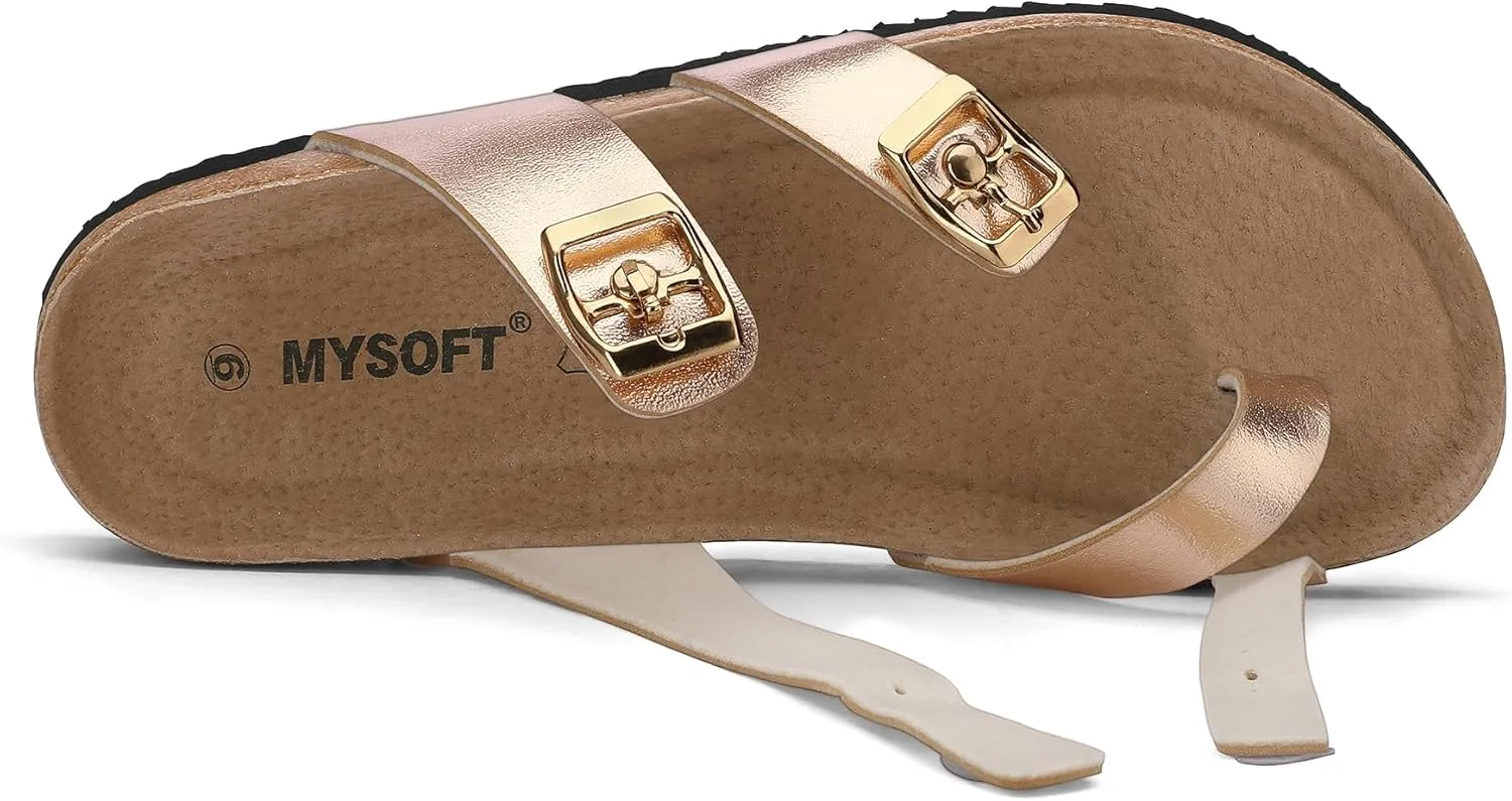 mysoft Women's Cork Footbed Sandals Double Adjustable Buckle Slide Sandals Slip On Walking Summer Shoes