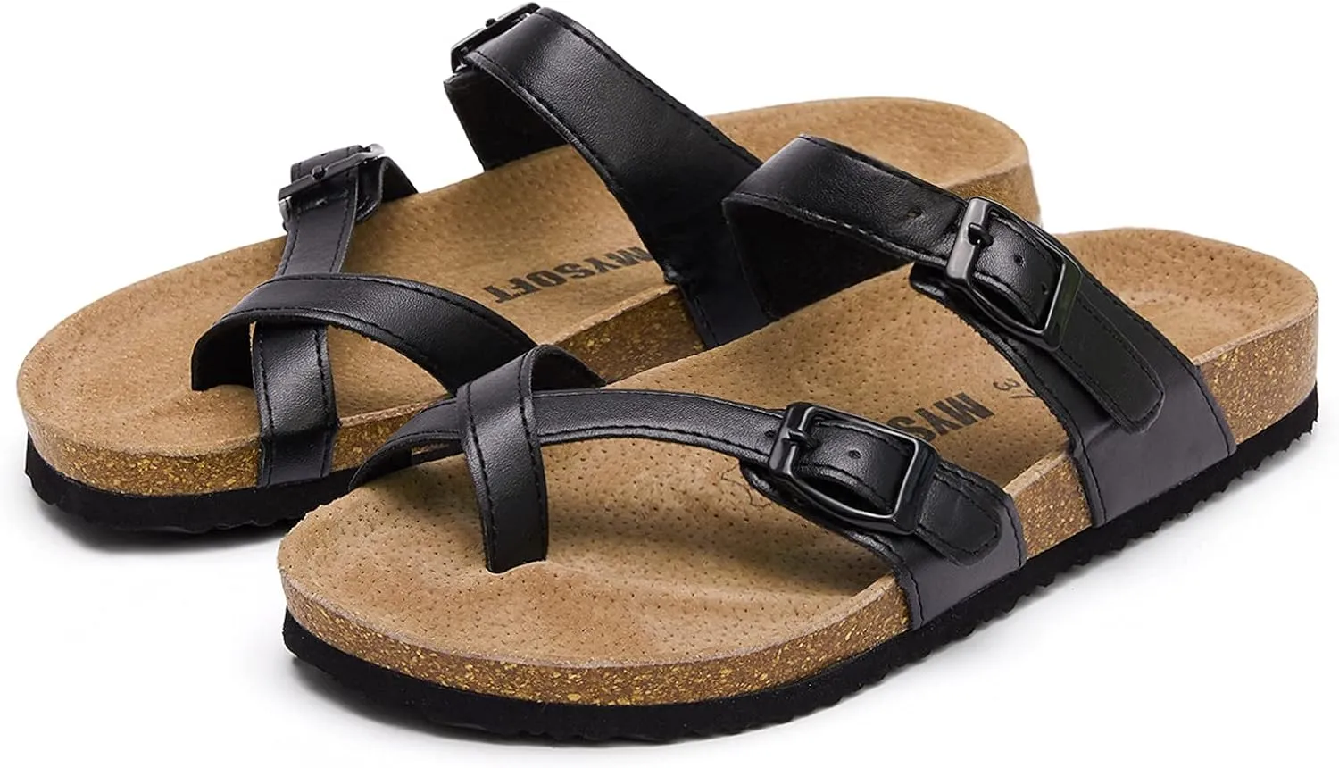 mysoft Women's Cork Footbed Sandals Double Adjustable Buckle Slide Sandals Slip On Walking Summer Shoes