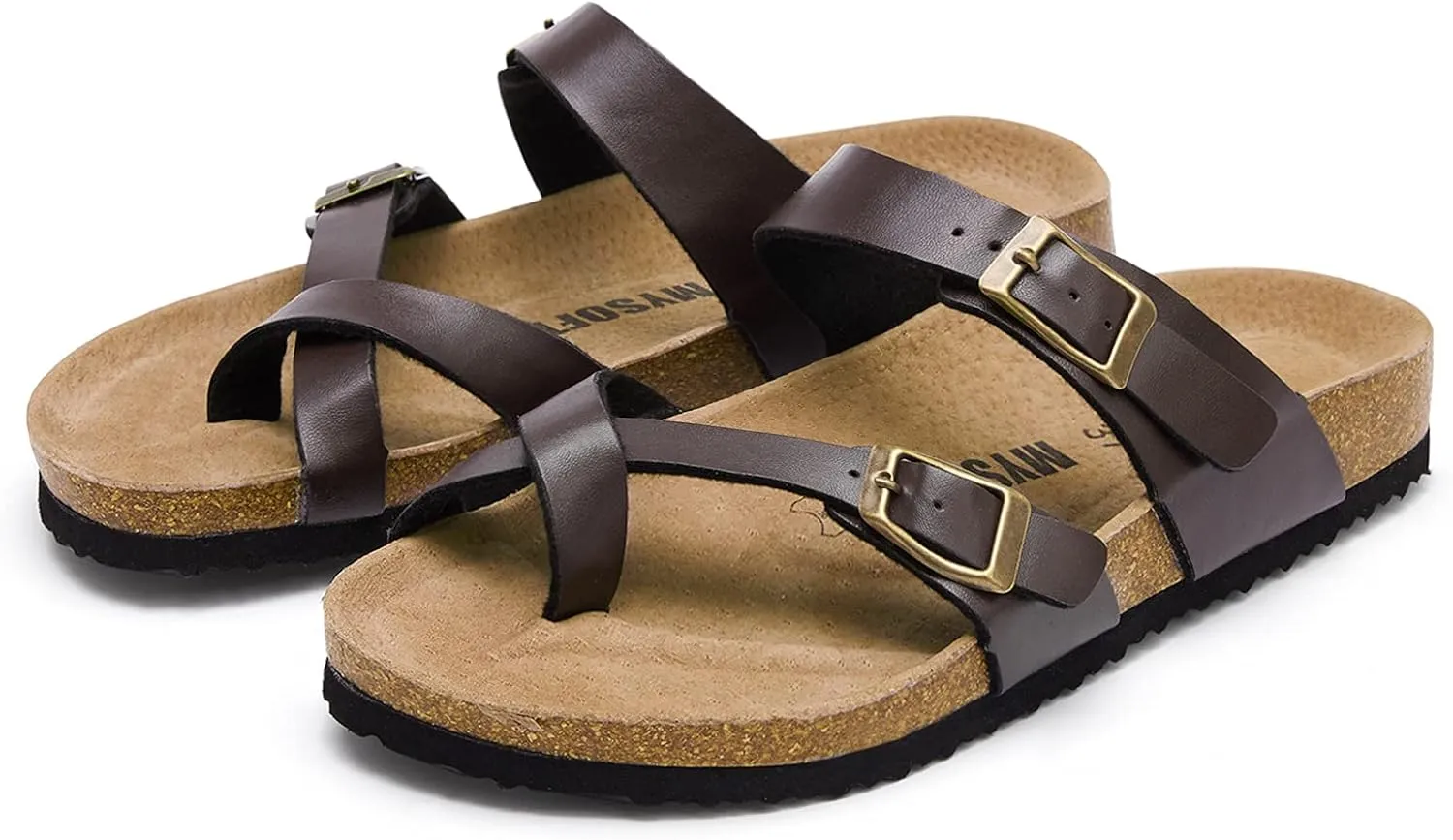 mysoft Women's Cork Footbed Sandals Double Adjustable Buckle Slide Sandals Slip On Walking Summer Shoes