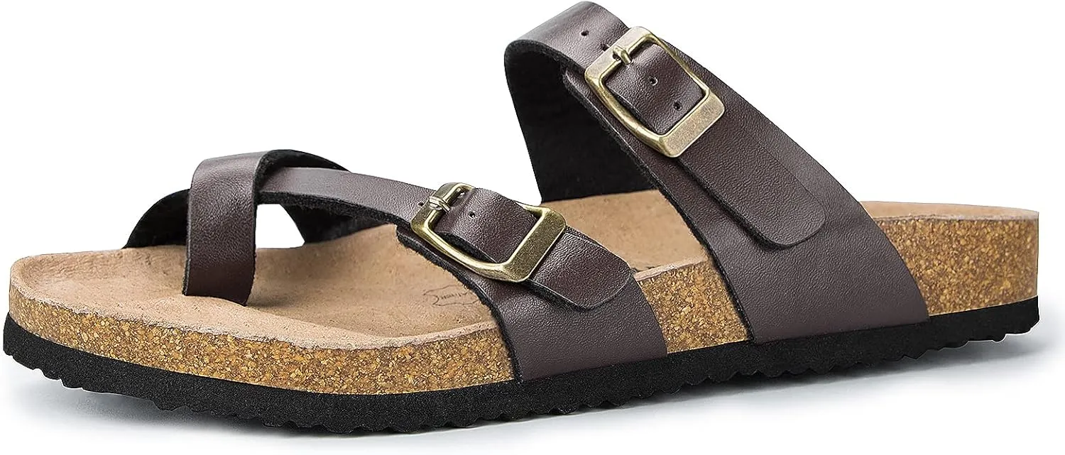 mysoft Women's Cork Footbed Sandals Double Adjustable Buckle Slide Sandals Slip On Walking Summer Shoes