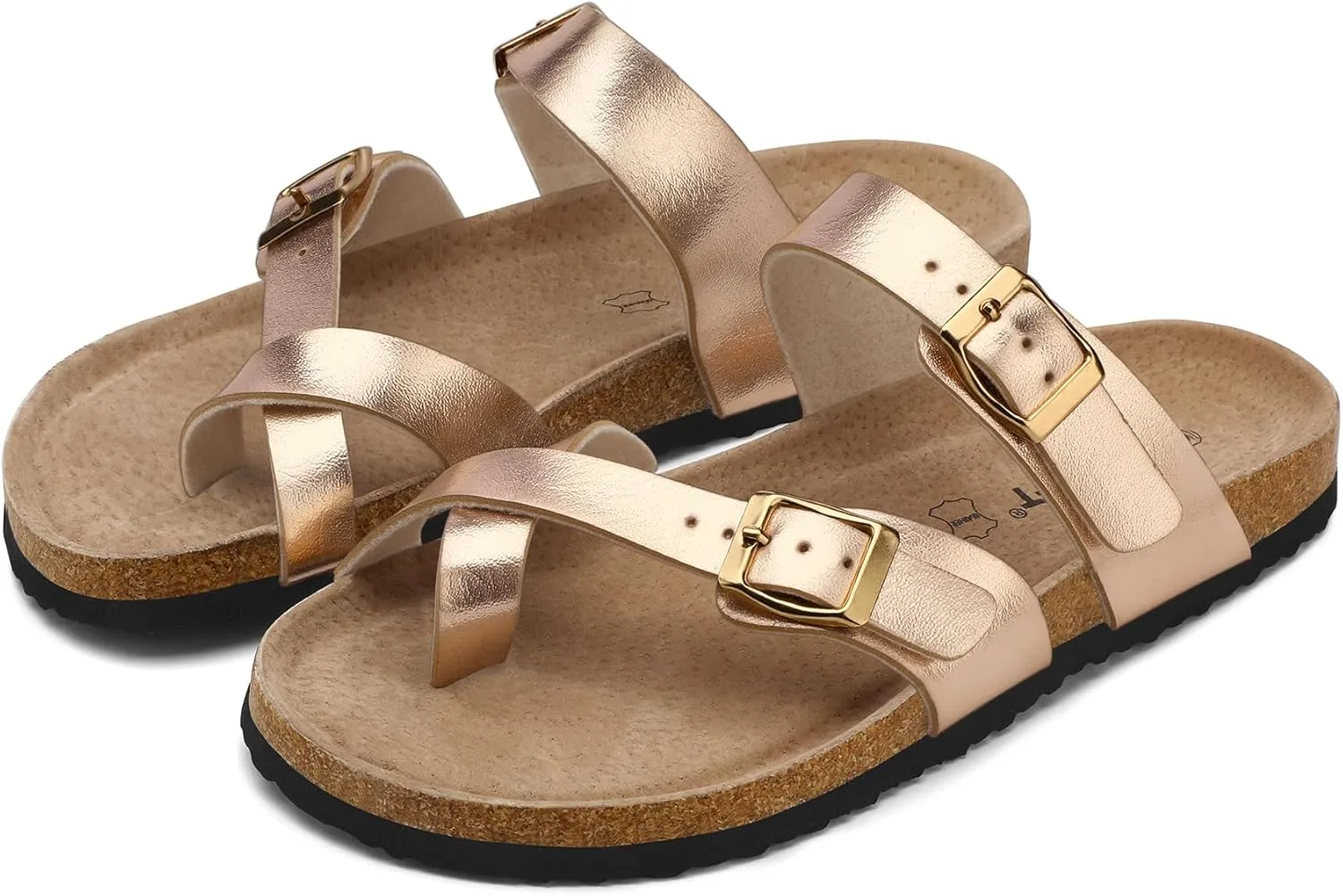mysoft Women's Cork Footbed Sandals Double Adjustable Buckle Slide Sandals Slip On Walking Summer Shoes