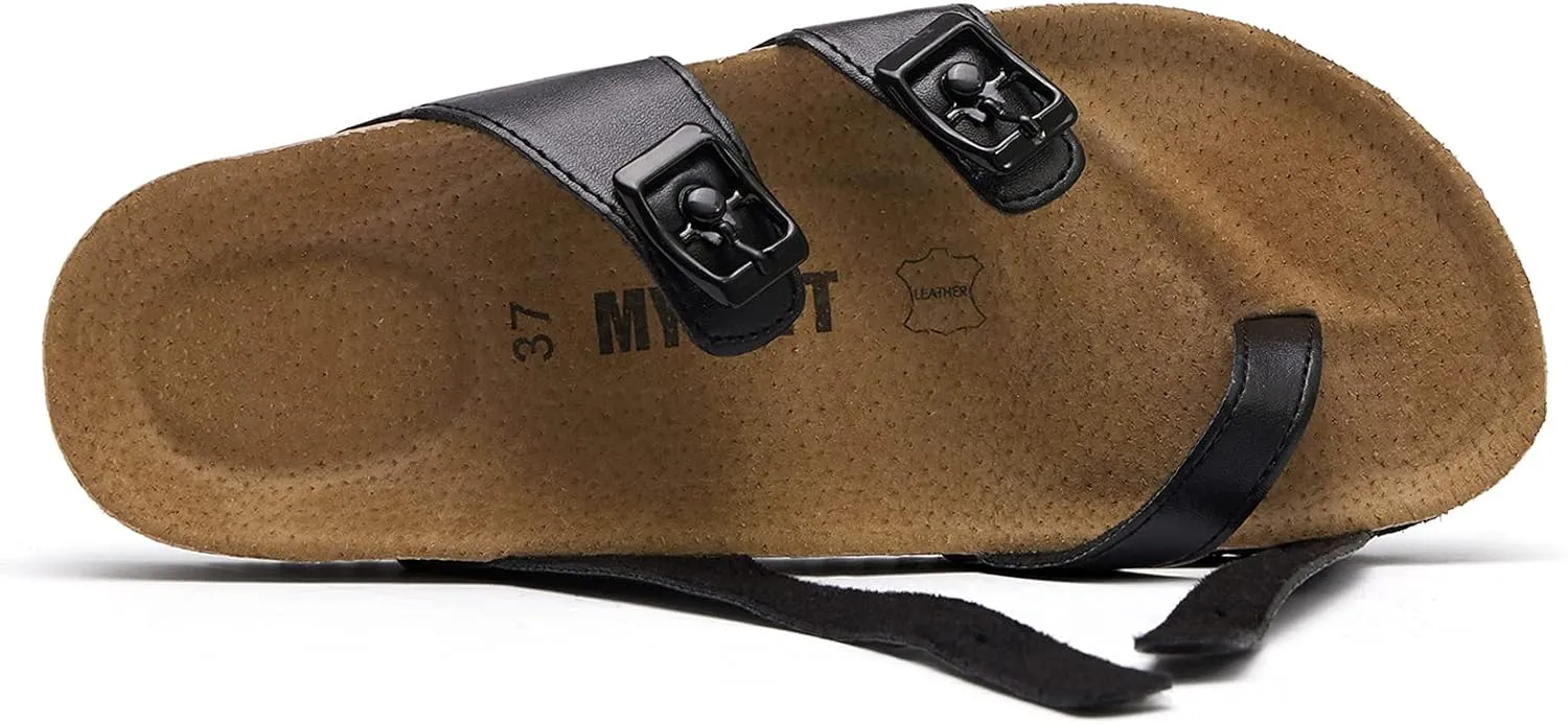 mysoft Women's Cork Footbed Sandals Double Adjustable Buckle Slide Sandals Slip On Walking Summer Shoes