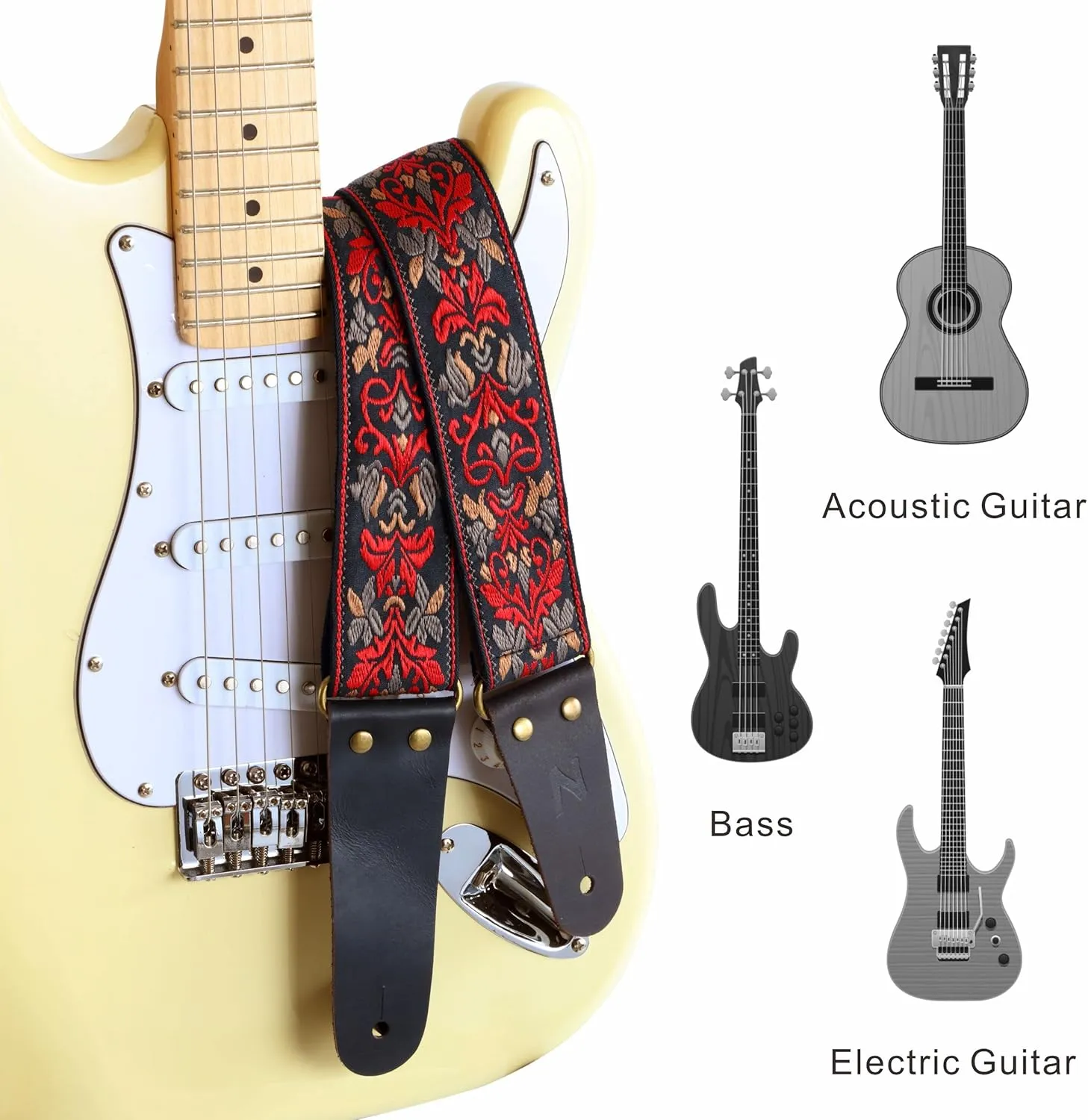 Nefelibata Guitar Strap, 2" Jacquard Embroidery Guitar Straps, Full Grain Leather Ends with Hidden Pocket, for Bass, Electric and Acoustic Guitars, Strap Button, Strap Locks and Guitar Picks