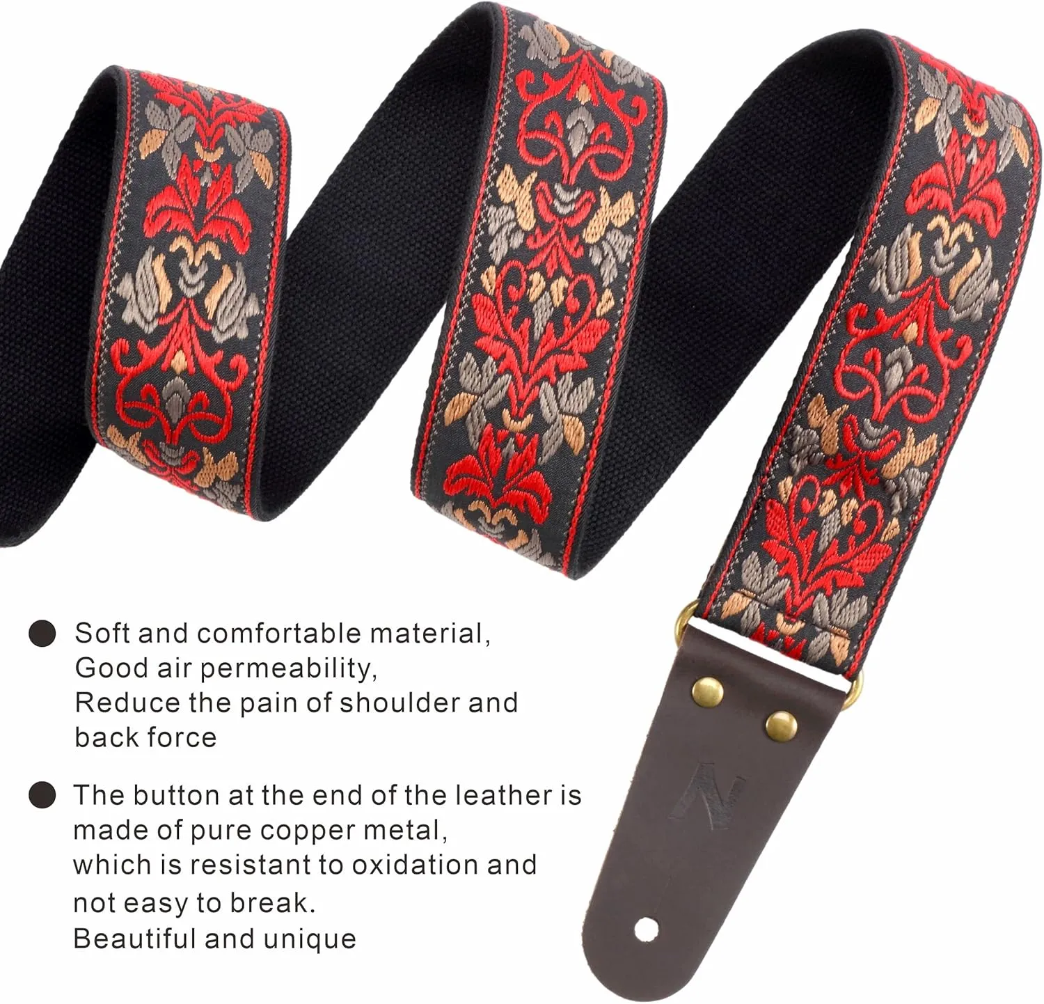 Nefelibata Guitar Strap, 2" Jacquard Embroidery Guitar Straps, Full Grain Leather Ends with Hidden Pocket, for Bass, Electric and Acoustic Guitars, Strap Button, Strap Locks and Guitar Picks