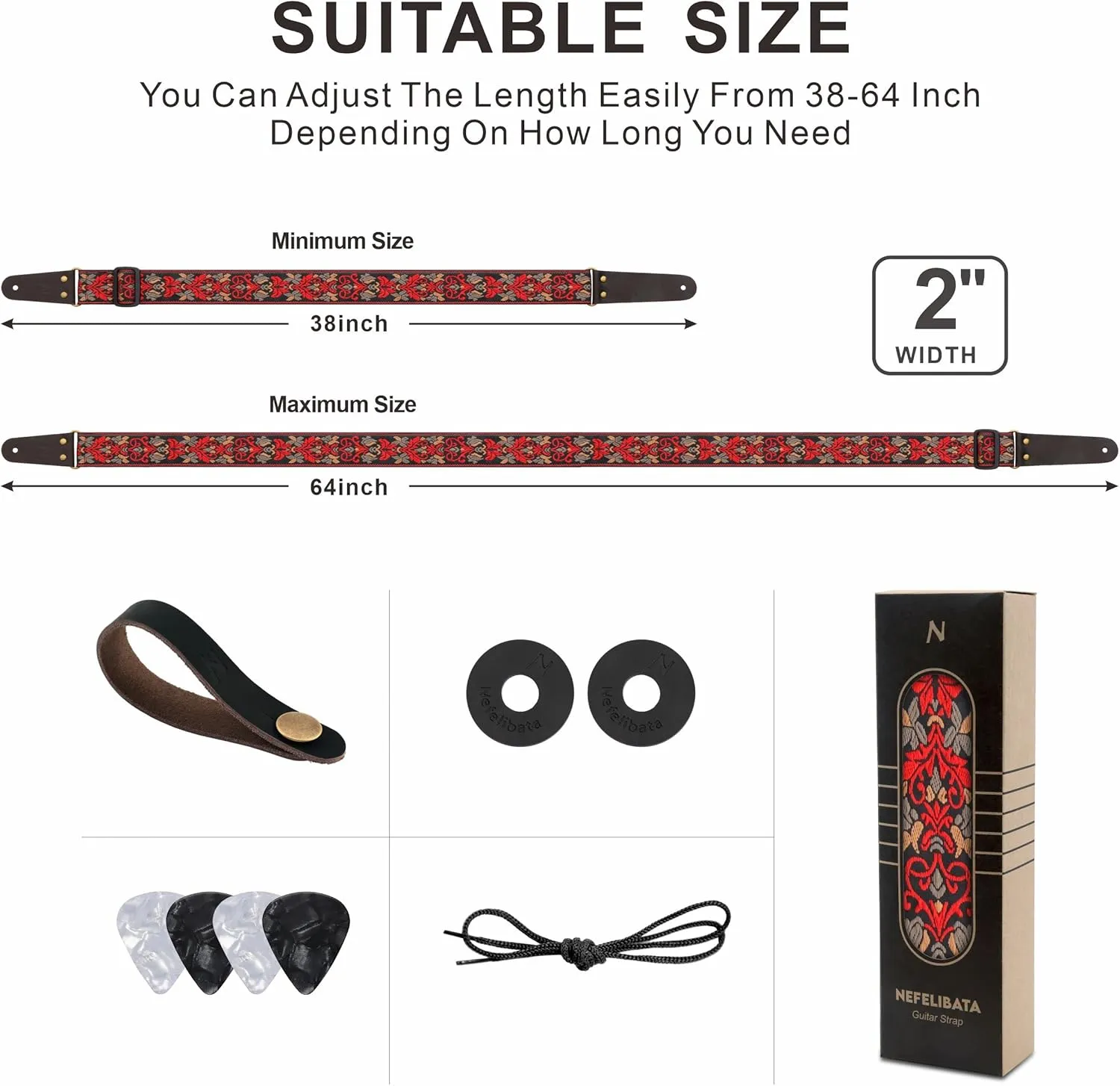 Nefelibata Guitar Strap, 2" Jacquard Embroidery Guitar Straps, Full Grain Leather Ends with Hidden Pocket, for Bass, Electric and Acoustic Guitars, Strap Button, Strap Locks and Guitar Picks