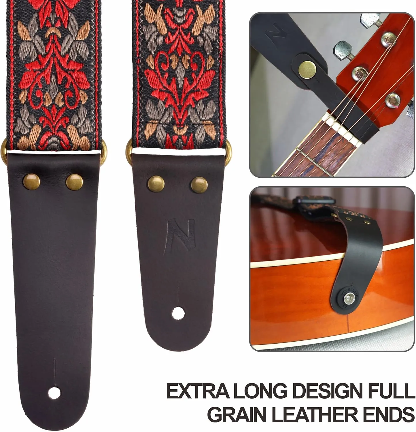 Nefelibata Guitar Strap, 2" Jacquard Embroidery Guitar Straps, Full Grain Leather Ends with Hidden Pocket, for Bass, Electric and Acoustic Guitars, Strap Button, Strap Locks and Guitar Picks
